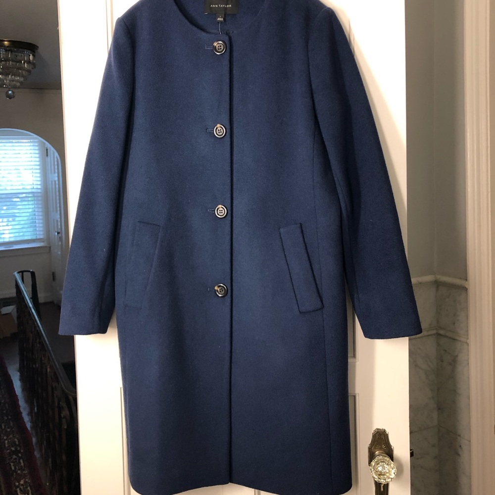 Ann Taylor Jewel Neck Dress Coat Lady Coat Wool Blend Indigo Blue 513426